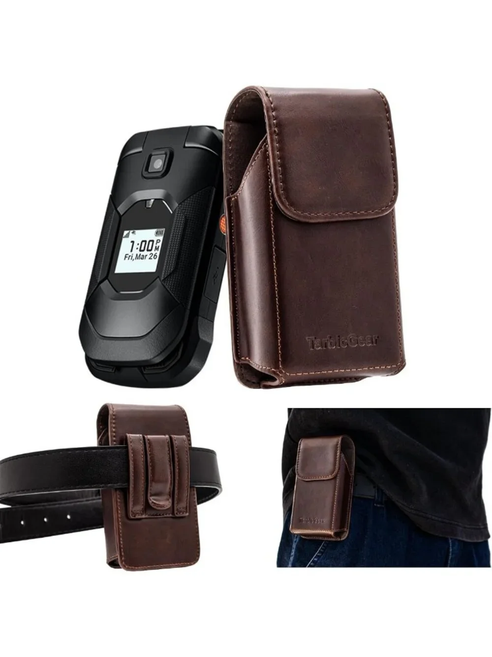 Stylish Leather Flip Phone Case with Belt Clip Pouch for Kyocera, TCL, Nokia